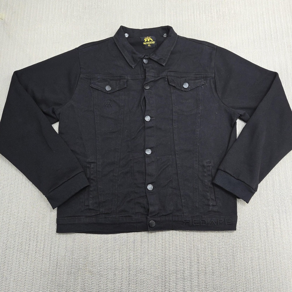 Red Ape Jacket Mens Extra Large Black Denim Trucker Knit Sleeves Streetwear